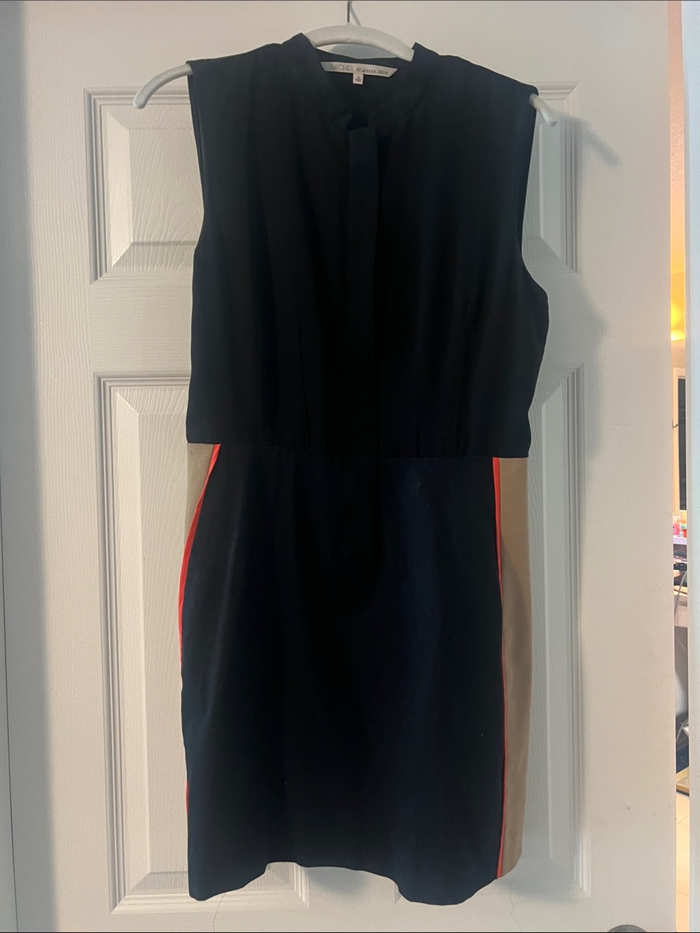 RACHEL Rachel Roy Black Midi Dress with Tan Side Panels and Red Trim